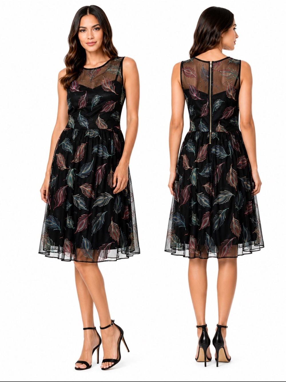 Calvin Klein Embroidered Dress Black Sleeveless Fit Flare Cocktail Dress Sz 12